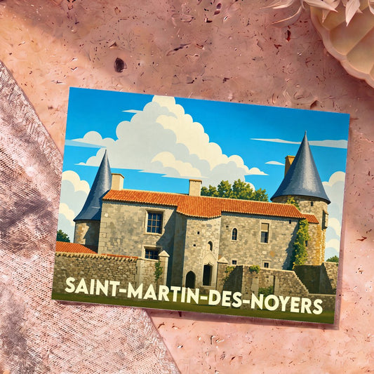 Carte postale souvenir de la ville de Saint-Martin-des-Noyers avec une illustration stylisée d'un château médiéval.