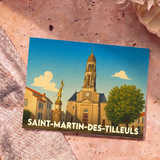 Carte postale souvenir de Saint-Martin-des-Tilleuls arborant une illustration stylisée de son église et d'une statue.