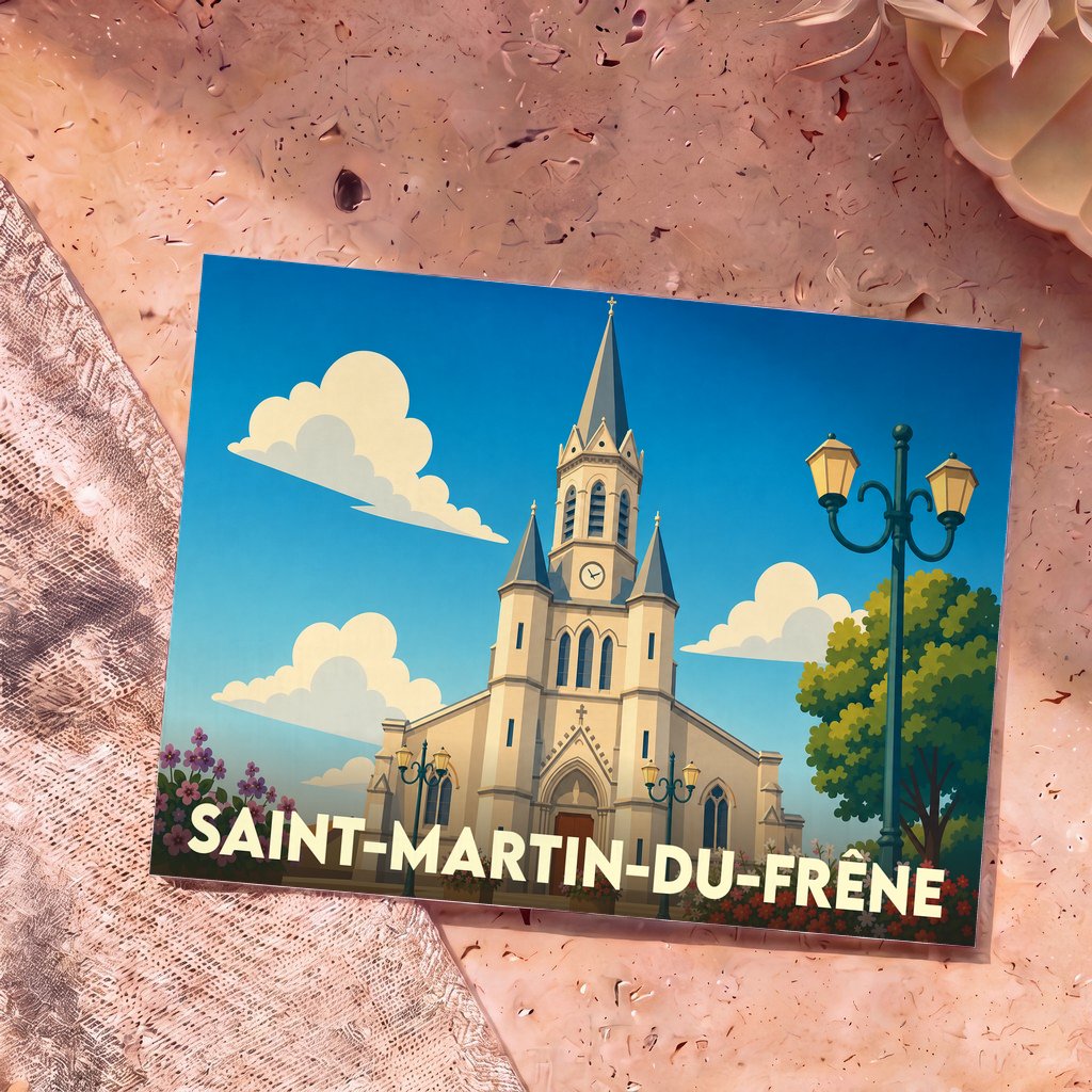 Carte postale souvenir de la ville de Saint-Martin-du-Frêne avec une illustration stylisée de son église sous un ciel bleu.