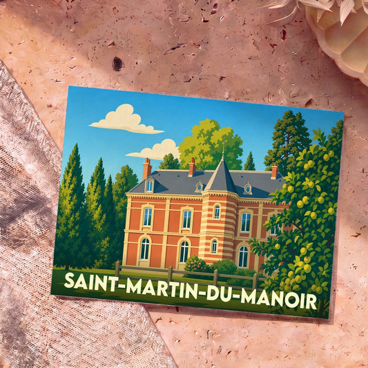 Carte postale souvenir de la ville de Saint-Martin-du-Manoir avec une illustration stylisée d'un manoir en briques.