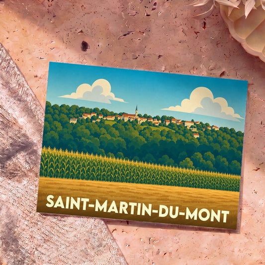 Carte postale souvenir de la ville de Saint-Martin-du-Mont avec une illustration stylisée d'un village sur une colline boisée.