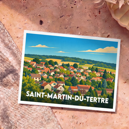 Carte postale souvenir de la ville de Saint-Martin-du-Tertre avec une illustration stylisée d'un village niché dans une vallée verdoyante.