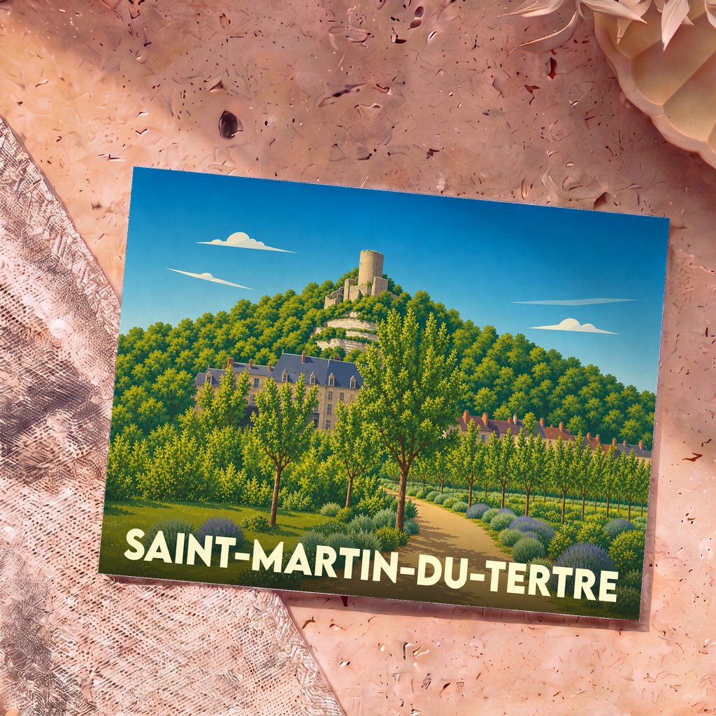 Carte postale souvenir de la ville de Saint-Martin-du-Tertre avec une illustration stylisée montrant son château et sa tour.