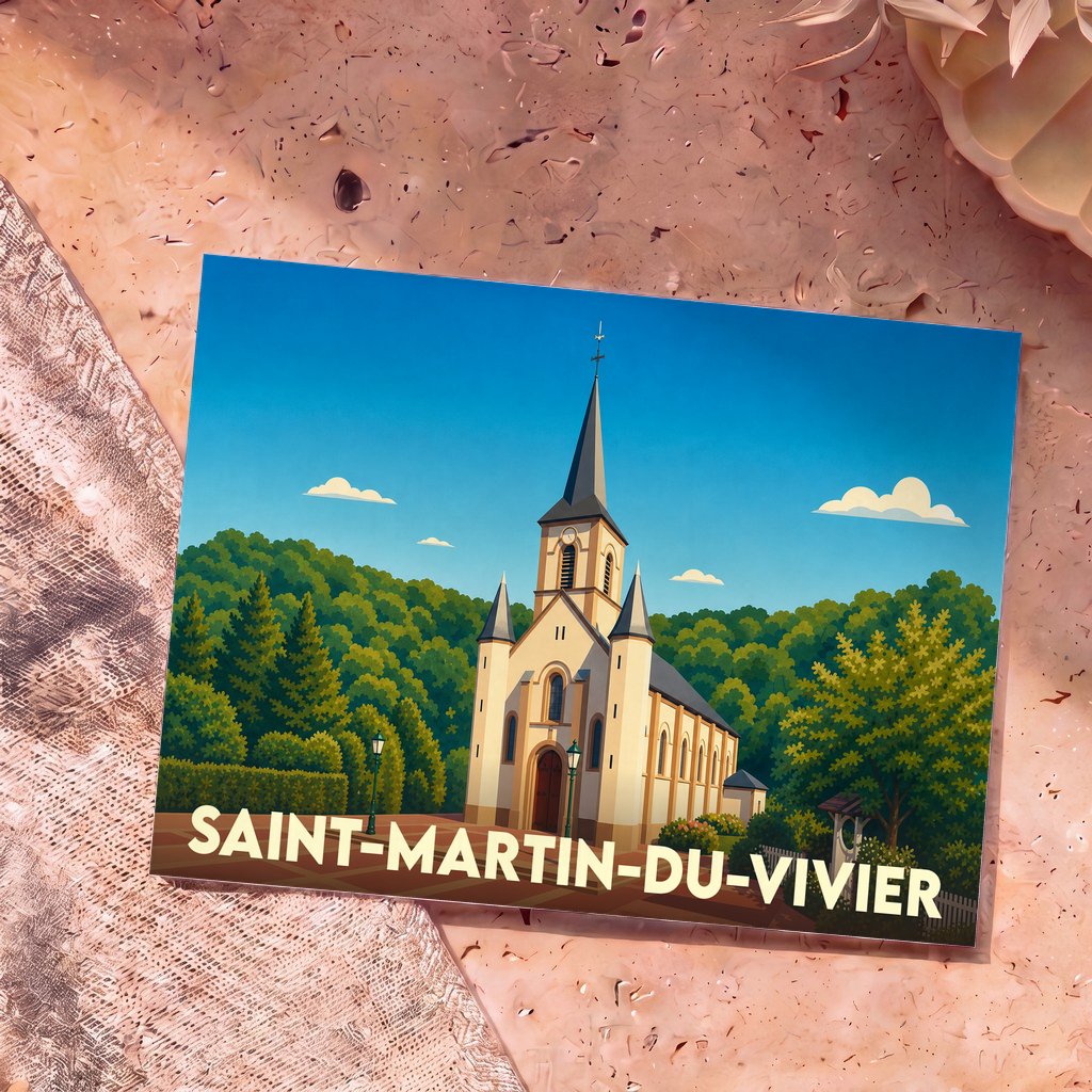 Carte postale souvenir de la ville de Saint-Martin-du-Vivier avec une illustration stylisée de son église.