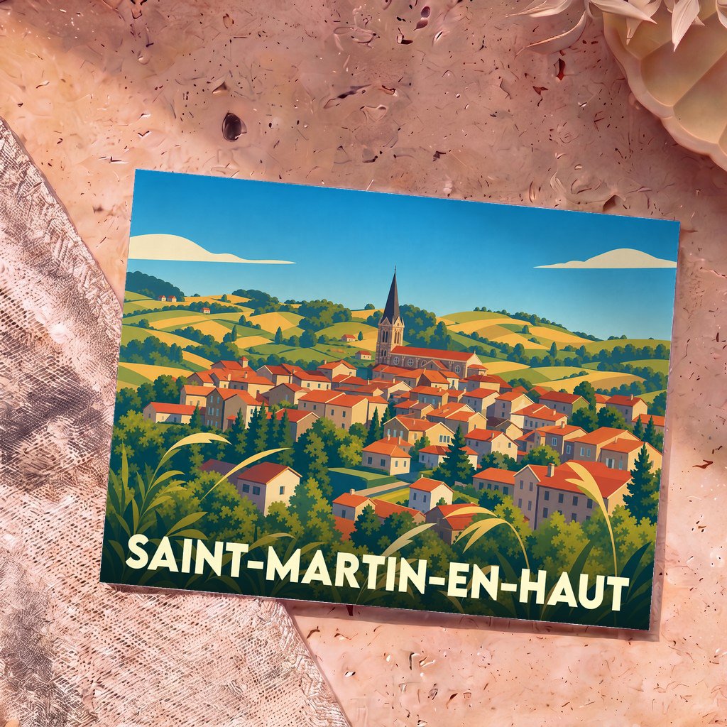 Carte postale souvenir de la ville de Saint-Martin-en-Haut avec une illustration stylisée de ses paysages vallonnés et de son église.