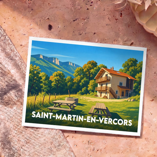 Carte postale souvenir de Saint-Martin-en-Vercors illustrant un chalet de montagne dans un paysage verdoyant.