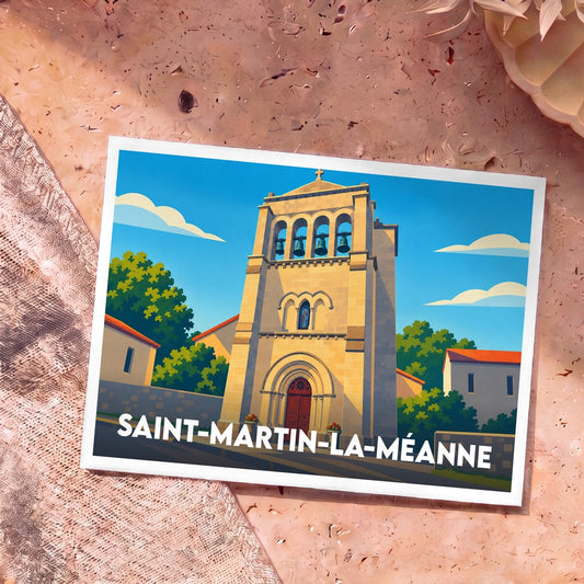 Carte postale souvenir de la ville de Saint-Martin-la-Méanne avec une illustration stylisée de son église.