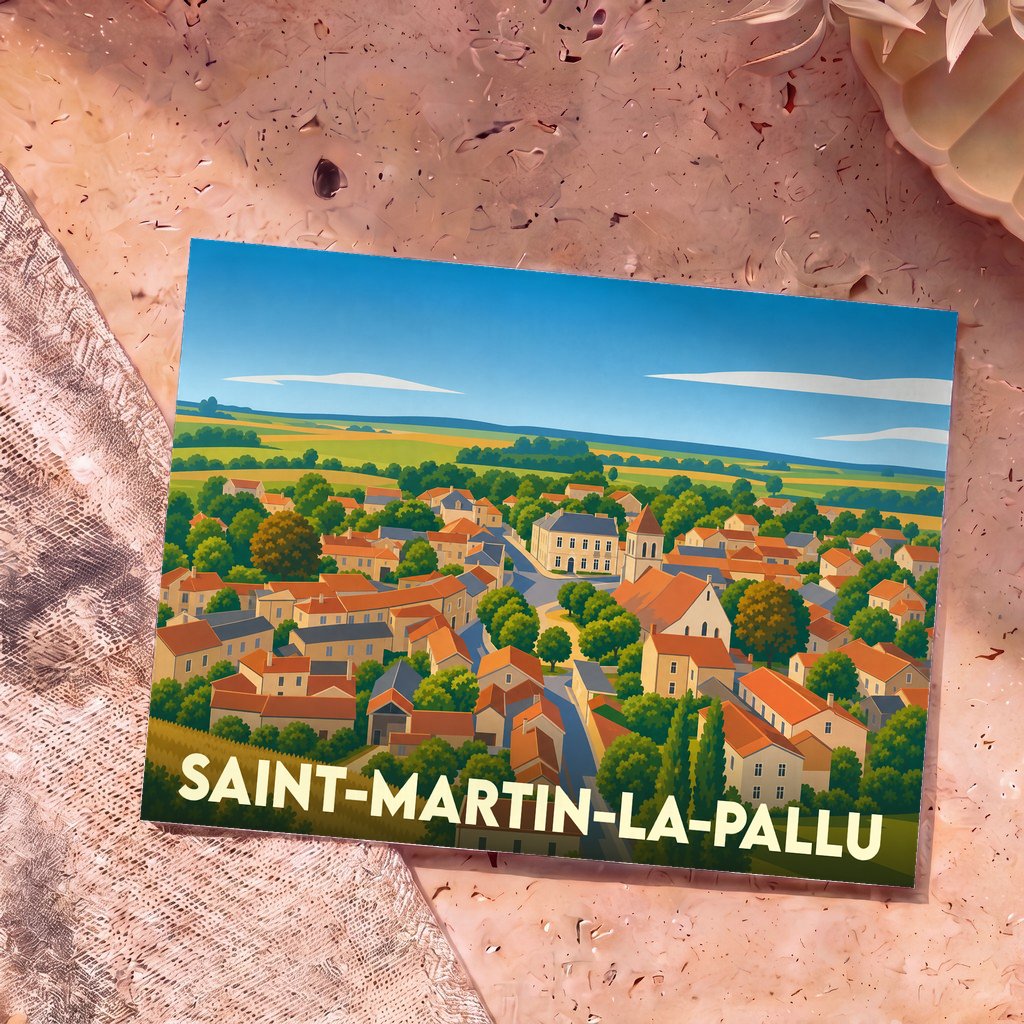 Carte postale souvenir de la ville de Saint-Martin-la-Pallu avec une illustration stylisée d'un village français.