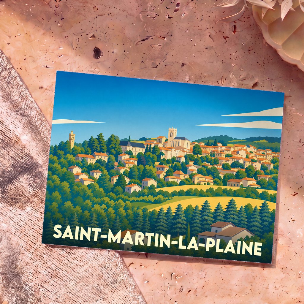 Carte postale souvenir de la ville de Saint-Martin-la-Plaine avec une illustration stylisée et colorée de ses maisons et de son église.