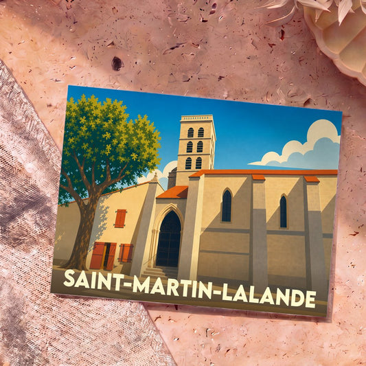Carte postale souvenir de la ville de Saint-Martin-Lalande avec une illustration stylisée de son église sous un ciel bleu.