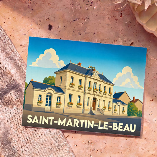 Carte postale souvenir de la ville de Saint-Martin-le-Beau illustrant sa mairie dans un style graphique épuré.