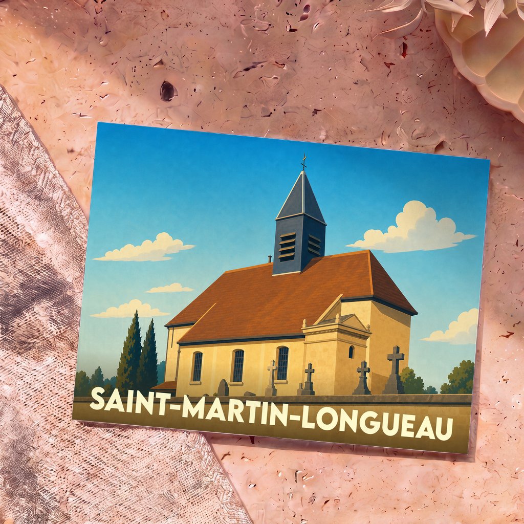 Carte postale souvenir de la ville de Saint-Martin-Longueau avec une illustration stylisée de son église.