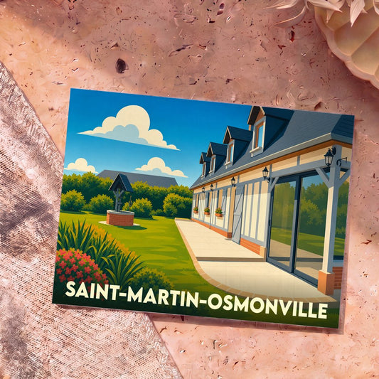 Carte postale souvenir de la ville de Saint-Martin-Osmonville avec une illustration stylisée d'une maison normande et de son jardin.