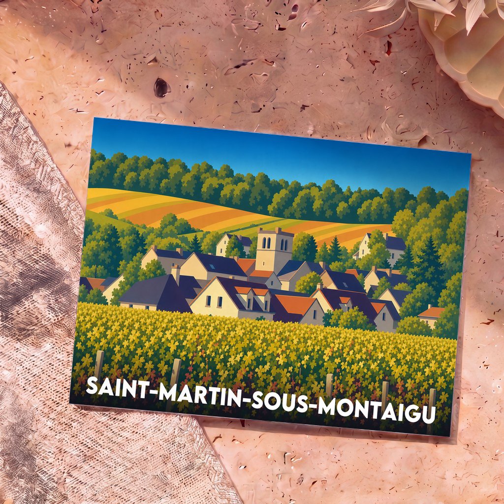 Carte postale souvenir de Saint-Martin-sous-Montaigu avec une illustration stylisée du village et de ses vignobles.