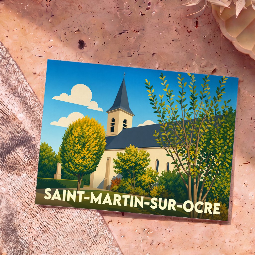 Carte postale souvenir de la ville de Saint-Martin-sur-Ocre avec une illustration stylisée de son église entourée de verdure.