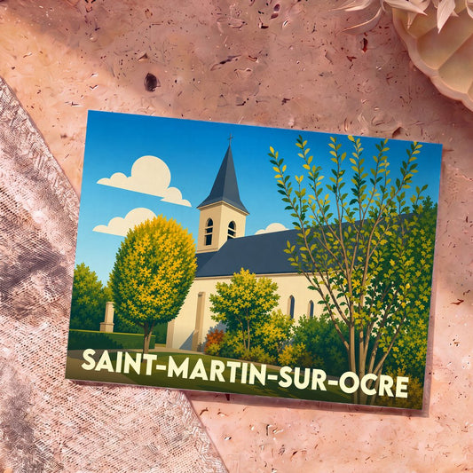 Carte postale souvenir de la ville de Saint-Martin-sur-Ocre avec une illustration stylisée de son église entourée de verdure.