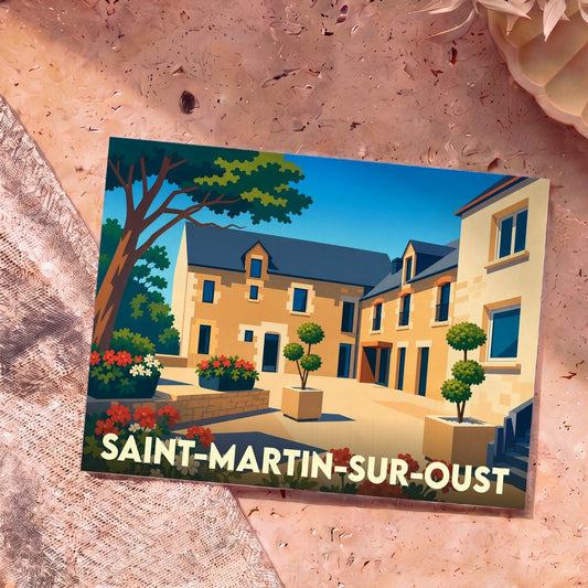 Carte postale souvenir de la ville de Saint-Martin-sur-Oust avec une illustration stylisée.