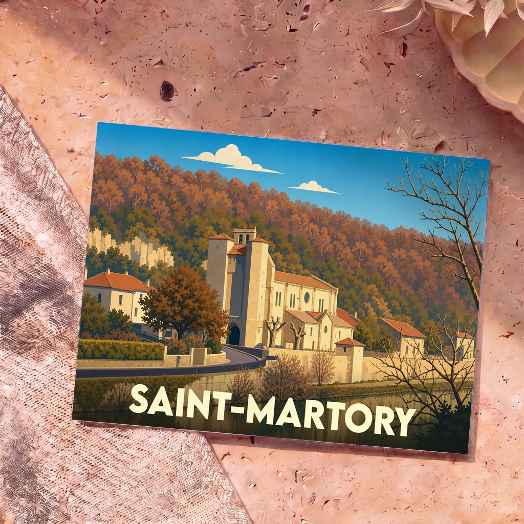 Carte postale souvenir de la ville de Saint-Martory avec une illustration stylisée de son église et de ses paysages arborés.