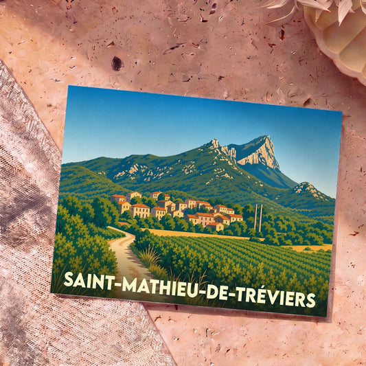 Carte postale souvenir de Saint-Mathieu-de-Tréviers avec une illustration stylisée du Pic Saint-Loup dominant le village et ses vignobles.