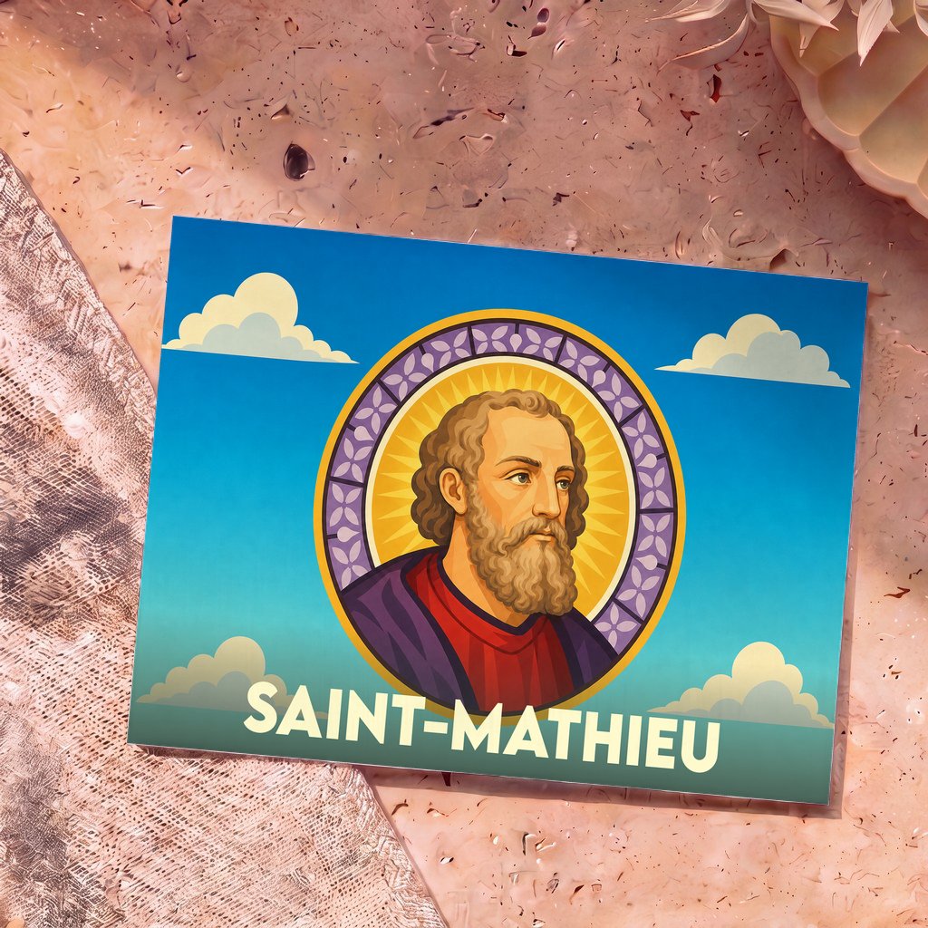 Carte postale souvenir de la ville de Saint-Mathieu représentant une illustration stylisée du saint éponyme.