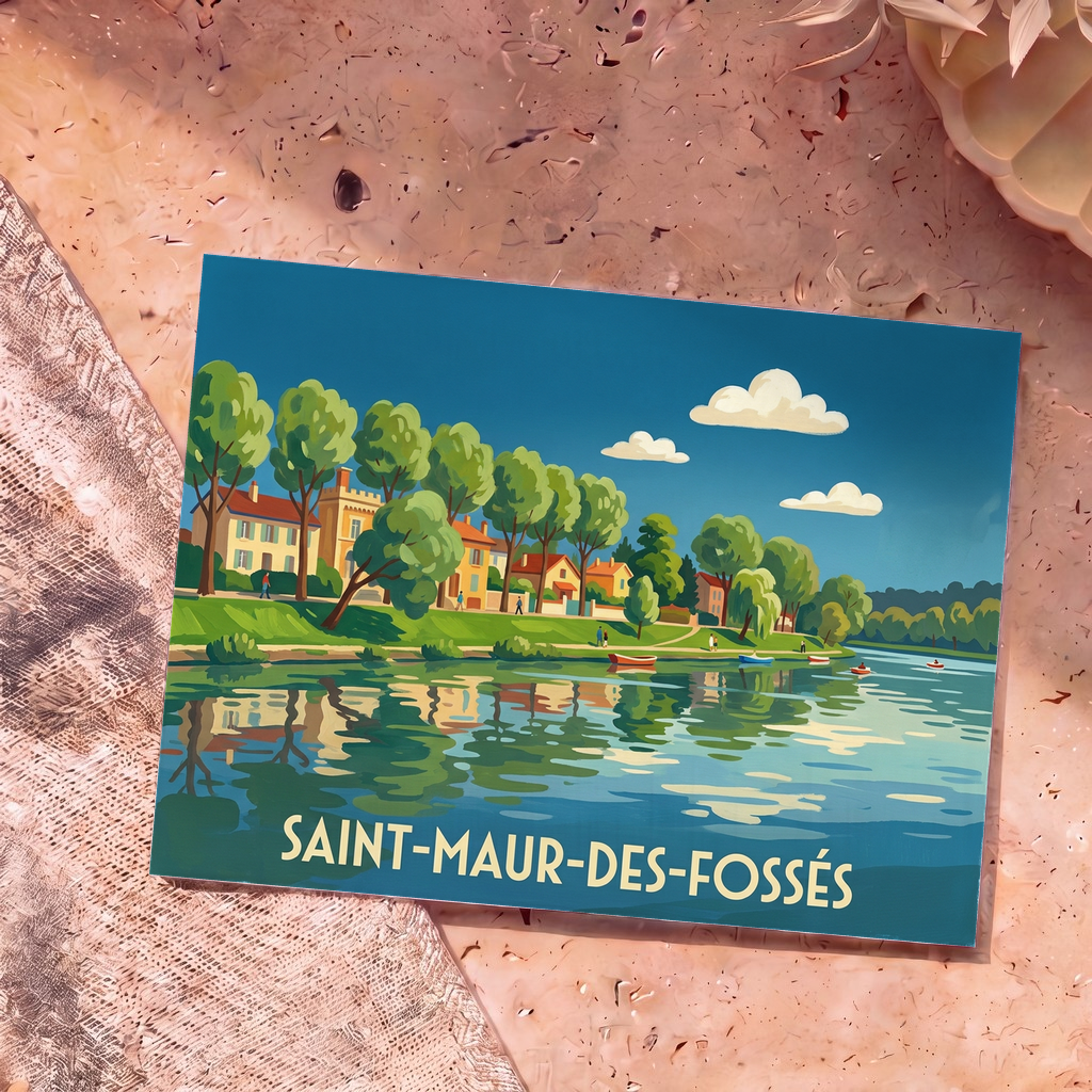 Carte postale souvenir de la ville de Saint-Maur-des-Fossés avec une illustration stylisée des bords de Marne.