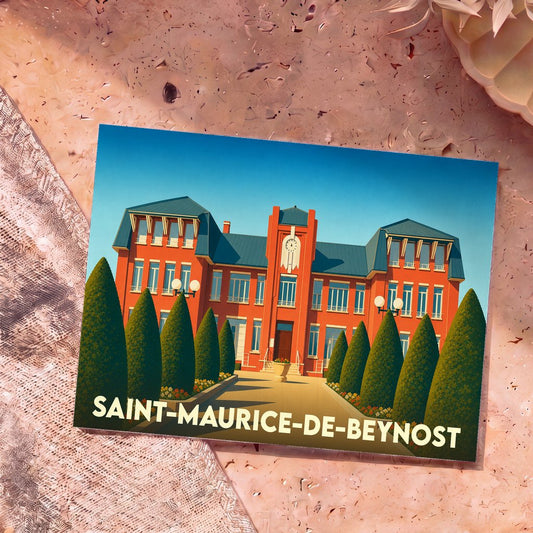 Carte postale souvenir de la ville de Saint-Maurice-de-Beynost avec une illustration stylisée de sa mairie.