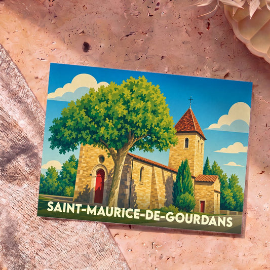 Carte postale souvenir de la ville de Saint-Maurice-de-Gourdans avec une illustration stylisée de son église et d'un grand arbre.