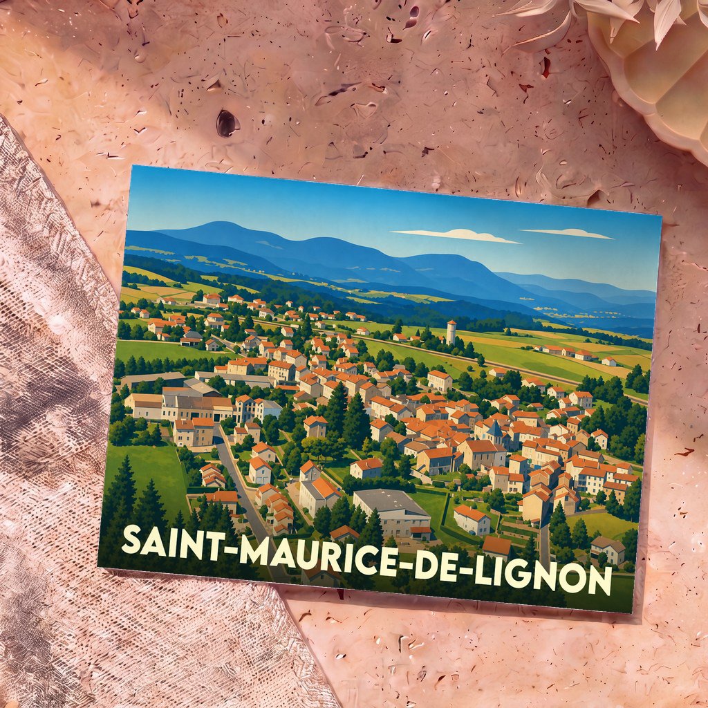 Carte postale souvenir de la ville de Saint-Maurice-de-Lignon avec une illustration panoramique stylisée.