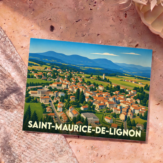 Carte postale souvenir de la ville de Saint-Maurice-de-Lignon avec une illustration panoramique stylisée.