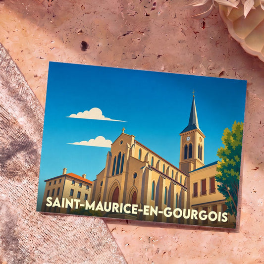 Carte postale souvenir de la ville de Saint-Maurice-en-Gourgois avec une illustration stylisée de son église.
