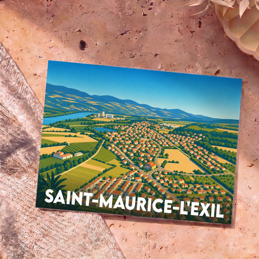 Carte postale souvenir de la ville de Saint-Maurice-l'Exil avec une illustration aérienne colorée et stylisée.
