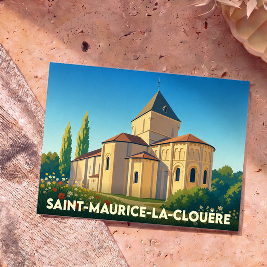 Carte postale souvenir de Saint-Maurice-la-Clouère illustrant son église romane dans un style graphique épuré.