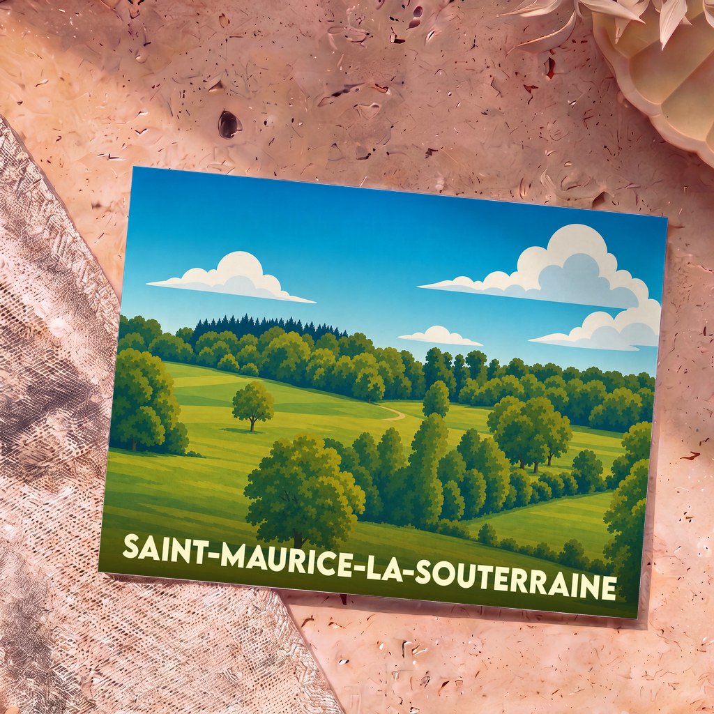 Carte postale souvenir de Saint-Maurice-la-Souterraine illustrant un paysage de collines verdoyantes sous un ciel bleu parsemé de nuages.