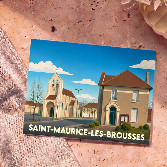 Carte postale souvenir de la ville de Saint-Maurice-les-Brousses avec une illustration stylisée de son église et de sa mairie.