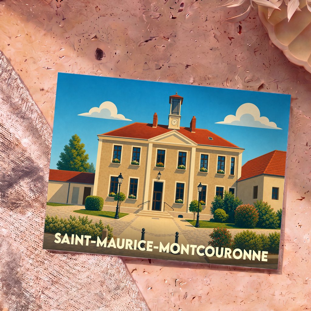 Carte postale souvenir de la ville de Saint-Maurice-Montcouronne avec une illustration stylisée de sa mairie.