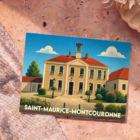 Carte postale souvenir de la ville de Saint-Maurice-Montcouronne avec une illustration stylisée de sa mairie.