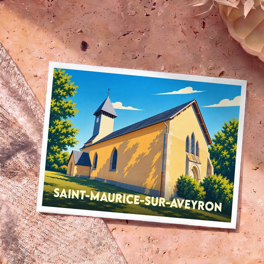Carte postale souvenir de la ville de Saint-Maurice-sur-Aveyron avec une illustration stylisée de son église sous un ciel bleu.
