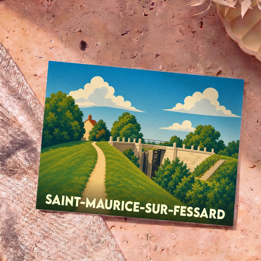Carte postale souvenir de la ville de Saint-Maurice-sur-Fessard illustrant un paysage de canal stylisé.