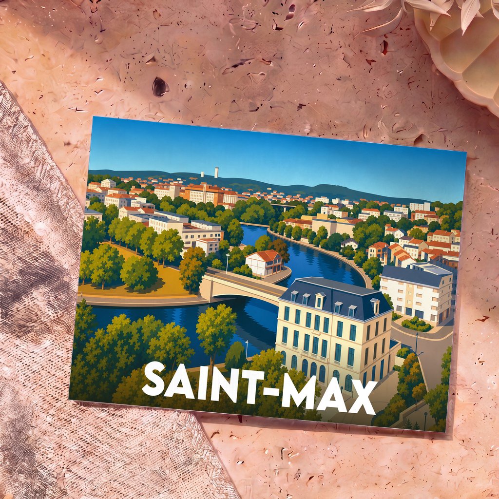 Carte postale souvenir de la ville de Saint-Max avec une illustration stylisée.
