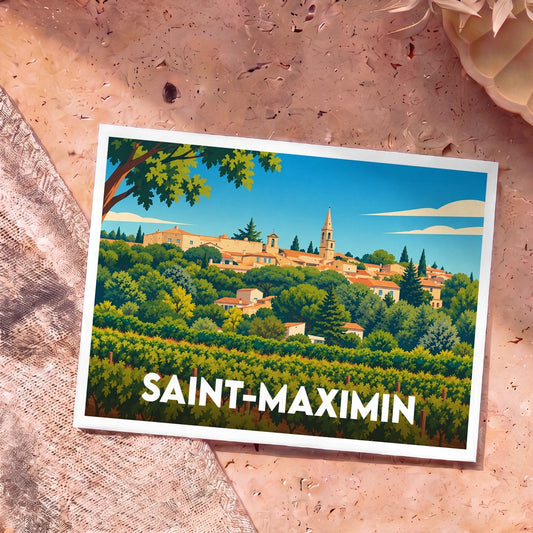 Carte postale souvenir de la ville de Saint-Maximin représentant une illustration stylisée du village et de ses vignobles.