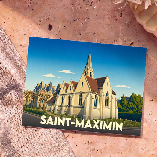 Carte postale souvenir de la ville de Saint-Maximin avec une illustration stylisée de son église sous un ciel bleu.