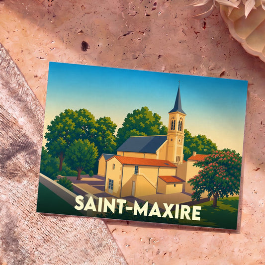 Carte postale souvenir de la ville de Saint-Maxire avec une illustration stylisée de son église et de ses paysages.