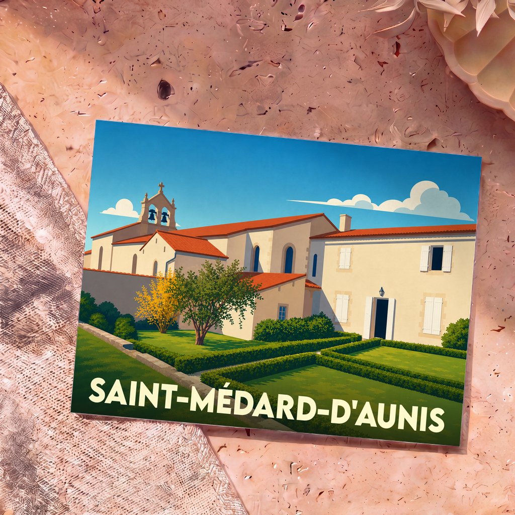 Carte postale souvenir de la ville de Saint-Médard-d'Aunis avec une illustration stylisée de son église et de ses jardins.