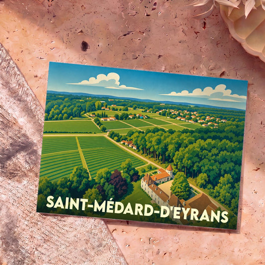 Carte postale souvenir de la ville de Saint-Médard-d'Eyrans avec une illustration stylisée de son paysage rural et de son château.