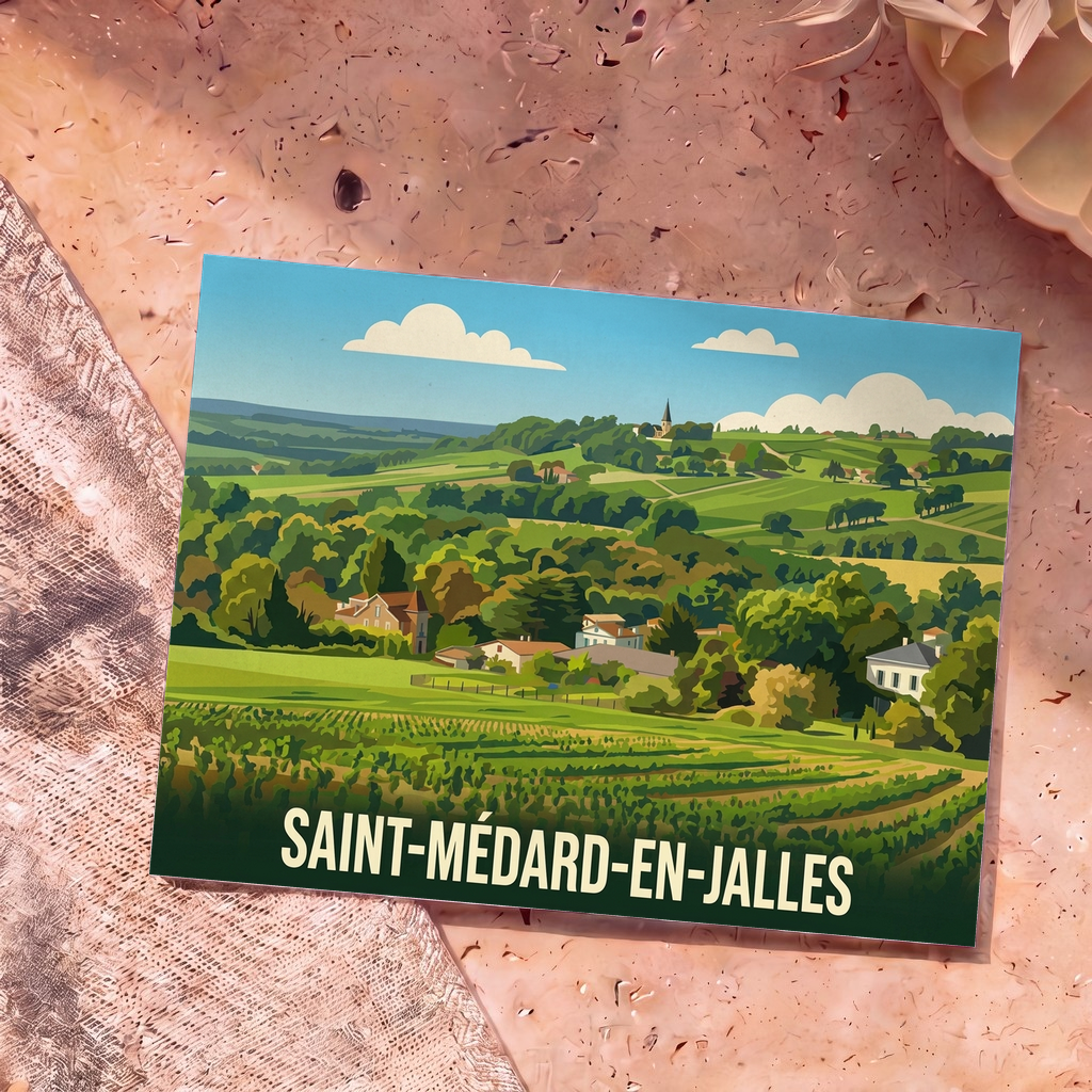 Carte postale souvenir de la ville de Saint-Médard-en-Jalles illustrant un paysage de campagne vallonné et verdoyant.