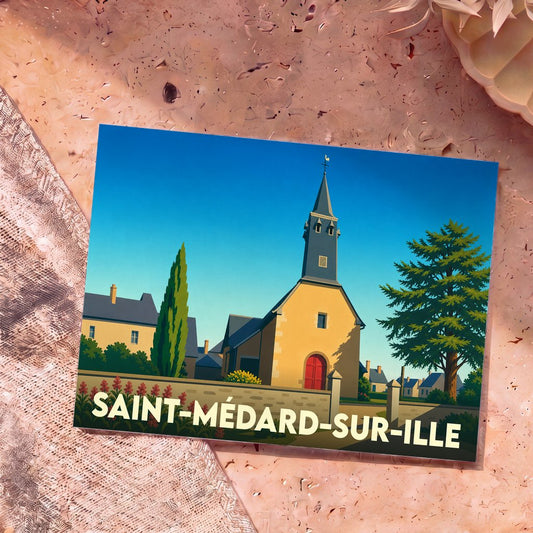 Carte postale souvenir de la ville de Saint-Médard-sur-Ille avec une illustration stylisée de son église.