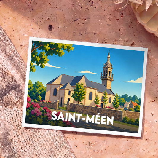 Carte postale souvenir de la ville de Saint-Méen avec une illustration stylisée de son église.