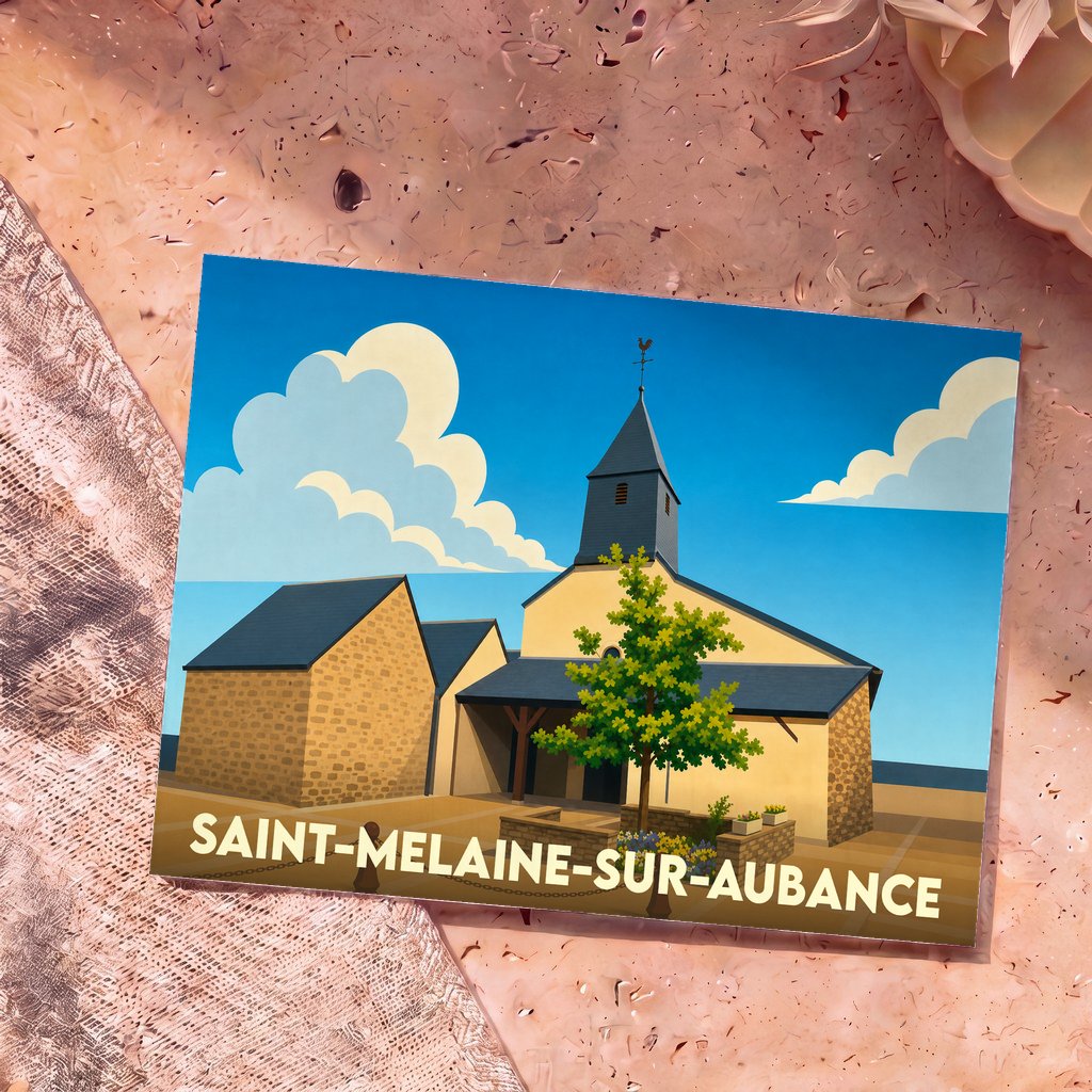 Carte postale souvenir de Saint-Melaine-sur-Aubance illustrant son église dans un style graphique et coloré.