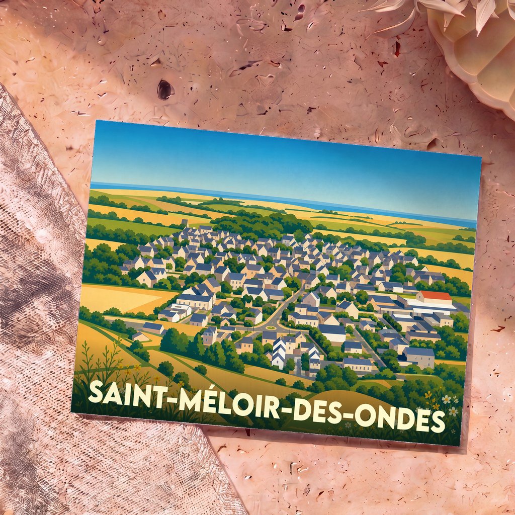Carte postale souvenir de Saint-Méloir-des-Ondes représentant une vue aérienne illustrée du village entre terre et mer.