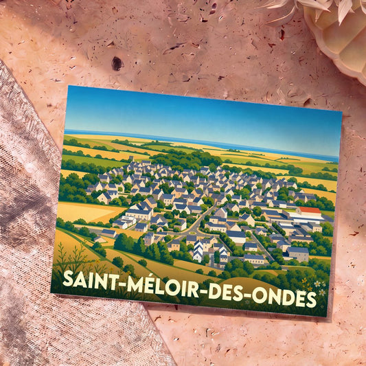 Carte postale souvenir de Saint-Méloir-des-Ondes représentant une vue aérienne illustrée du village entre terre et mer.
